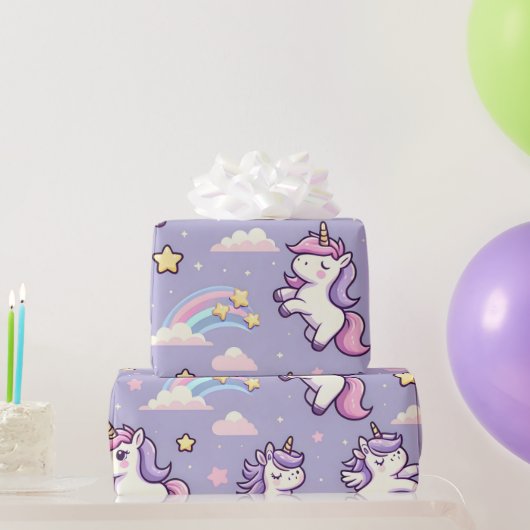Papier Cadeau Mini Unicornes et étoiles de tir sur Lavender (Cadeaux de fête)
