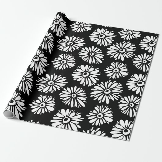 Papier Cadeau Minimalist Groovy Black and White Daisy Pattern (Déroulé)
