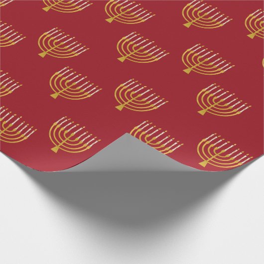 Papier Cadeau Minorah Hanoukka Bougies Dessin Festif Rouge rubis (Coin)