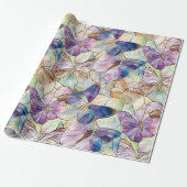 Papier Cadeau Mint Aqua Bleu Papillons pourpres (Déroulé)