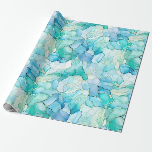 Papier Cadeau Mint Aqua Pearl Marbre or (Déroulé)
