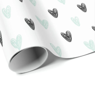 Papier Cadeau Mint & Coeurs noirs Doodles Motif papier d'envelop