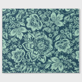 Papier Cadeau Mint Vert Baroque Floral Damas Sur Bleu (Plat)