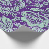 Papier Cadeau Mint Vert Baroque Floral Damas Sur Violet (Coin)