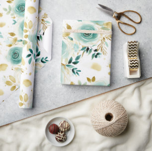 Papier Cadeau Mint Vert Blanc or Rose Floral