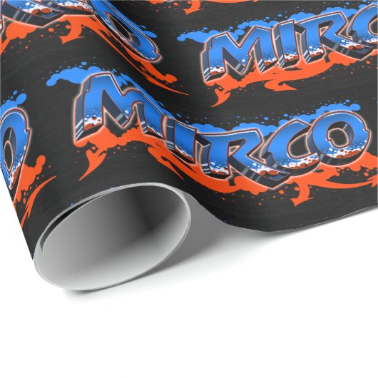 Papier Cadeau Mirco prénom nom Graffiti bleu orange (Coin rond)