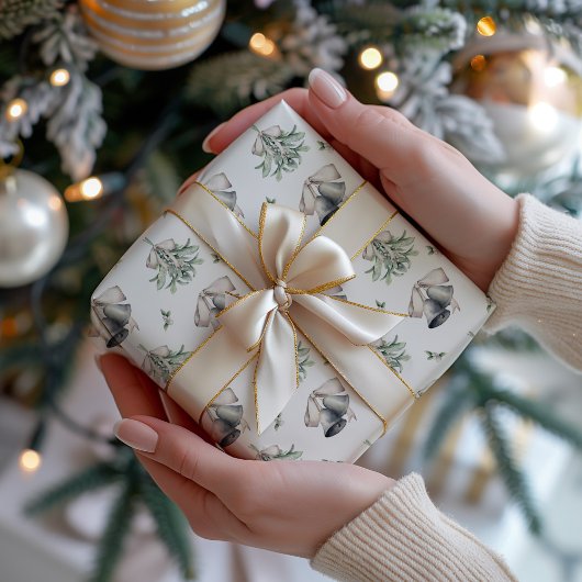 Papier Cadeau Mistletoe de Noël et cloches d'argent