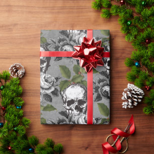 Papier Cadeau Mistletoe gothique, Roses et crâne Noël