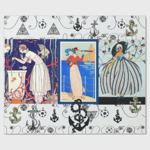 PAPIER CADEAU MODE DE BEAUTÉ ART DÉCO NAUTIQUE AVEC ANCRES