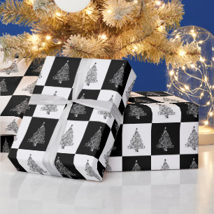 Papier Cadeau Modèle d'arbre de Noël noir et blanc