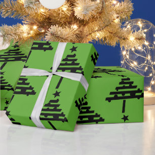 Papier Cadeau Modèle d'arbre de Noël noir sur fond vert