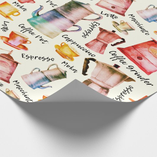 Papier Cadeau Modèle de tasses de café Aquarelle rétro (Coin)