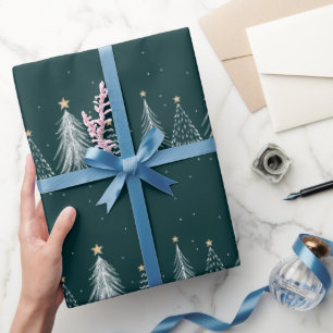 Papier Cadeau Modèle élégant d'arbres de Noël vert foncé blanc