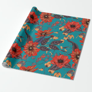 Papier Cadeau Modèle floral rouge et Turquoise