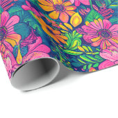 Papier Cadeau Modèle floral tropical peint à la main en rose gra (Coin rond)