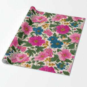 Papier Cadeau Modèle floral Vintage rustique bleu et rose