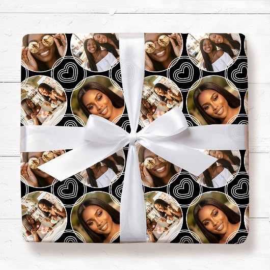 Papier Cadeau Modern 4 Photo Collage Circle Heart Pattern Black