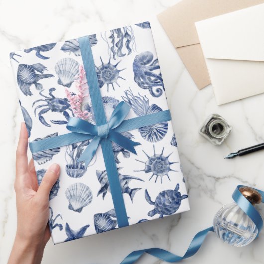 Papier Cadeau Modern Beach Coastal Watercolor Wedding Blue (Cadeaux)