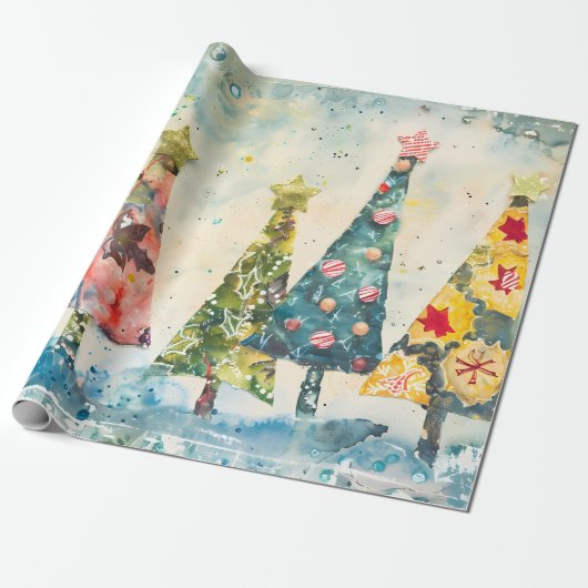 Papier Cadeau Modern Geometric Patchwork Christmas Tree (Déroulé)