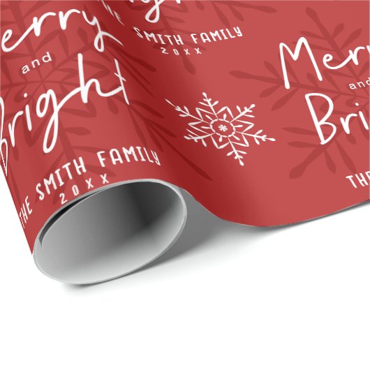 Papier Cadeau Modern Merry & Bright Script Snowflakes Christmas (Coin rond)
