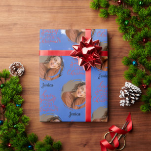 Papier Cadeau Modern One photo Nom personnalisable Blue Christma