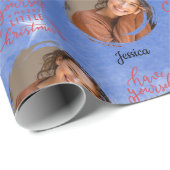 Papier Cadeau Modern One photo Nom personnalisable Blue Christma (Coin rond)