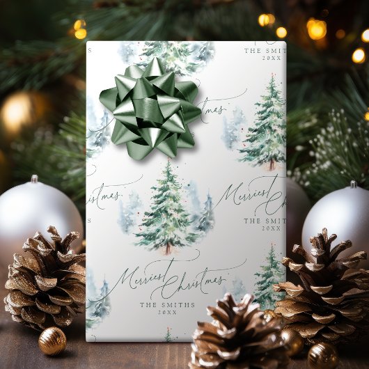 Papier Cadeau Modern Script Pine Tree Merriest Christmas