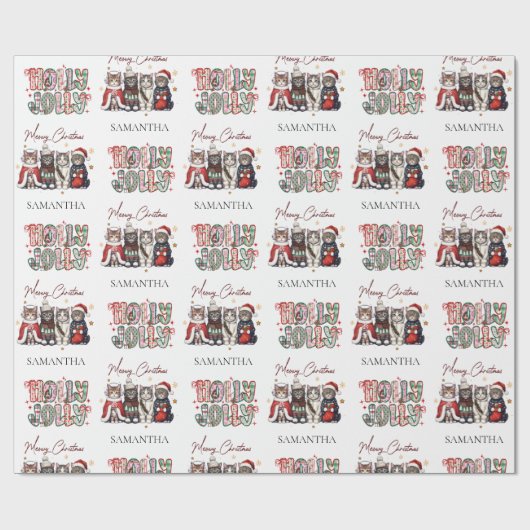 Papier Cadeau Modern Whimsical Holly Jolly Christmas Name  (Plat)