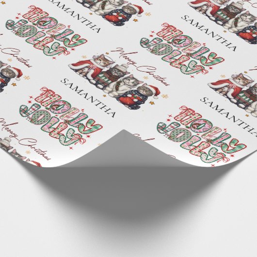 Papier Cadeau Modern Whimsical Holly Jolly Christmas Name  (Coin)