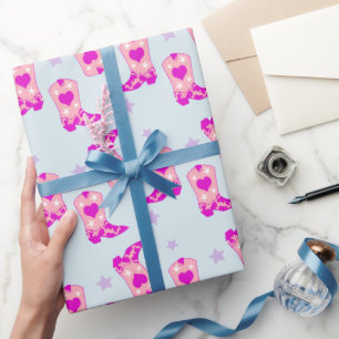 Papier Cadeau Moderne Bleu Rose Cowgirl Western Boots Étoiles