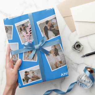 Papier Cadeau Moderne Blue Multi Photo Famille Enveloppement Col