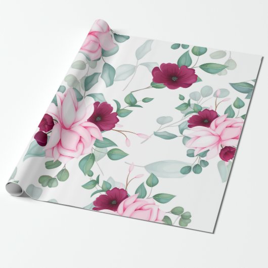 Papier Cadeau moderne chic rouge, rose floral (Déroulé)