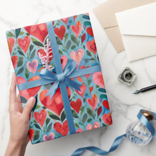 Papier Cadeau Moderne coloré Joyeux Valentin Coeurs Aquarelle