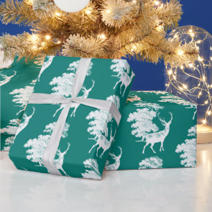 Papier Cadeau Moderne Elégant Cerf Blanc Pin de Bois Vert