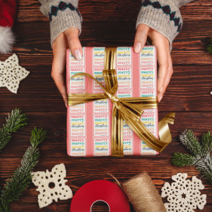 Papier Cadeau Moderne Joyeux Noël Coloré Étoiles Rouges Dorées