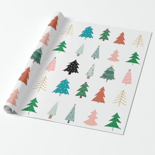 Papier Cadeau Moderne mignon arbres de Noël motif blanc vert (Déroulé)