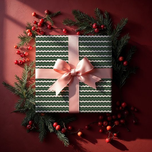 Papier Cadeau Moderne minimal rétro Wavy Vert & Rose Bande