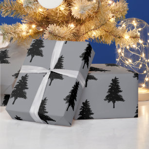 Papier Cadeau Moderne motif d'arbre de Noël gris noir pour les f