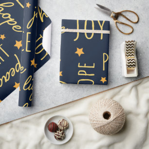 Papier Cadeau Moderne Navy & Or Noël Script