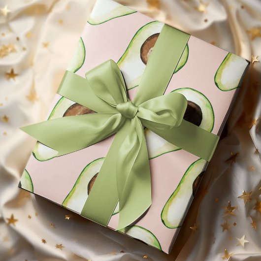 Papier Cadeau Moderne Pastel Rose Et Vert Motif Avocado