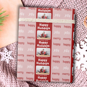 Papier Cadeau Moderne Photo de Famille Rose Rouge Noël Joyeux