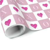 Papier Cadeau Moderne Retro Valentine Coeurs roses XO Chèques (Coin rond)
