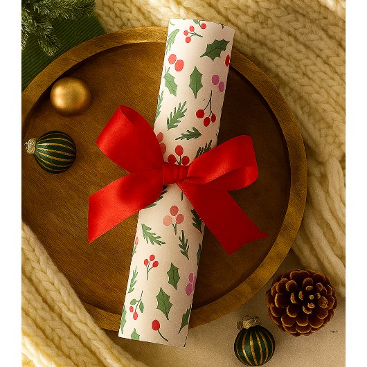 Papier Cadeau Moderne Rouge & Vert Noël Floral Pattern Falala