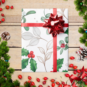 Papier Cadeau Moderne Tendance Élégante Motif de houx vert d'hiv