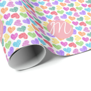 Papier Cadeau Moderne Vibrant Rainbow Doodle Hearts Monogramme