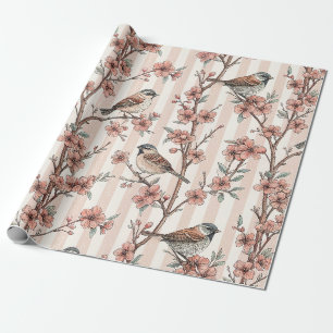 Papier Cadeau Moineau Asiatique Fleur de Cerisier Rayures de Pêc