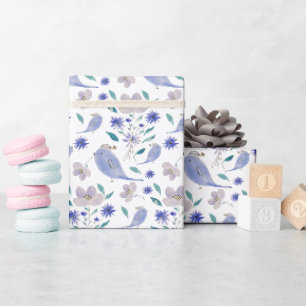 Papier Cadeau Moineau Mignon Bleu Avec un Chapeau Fleur
