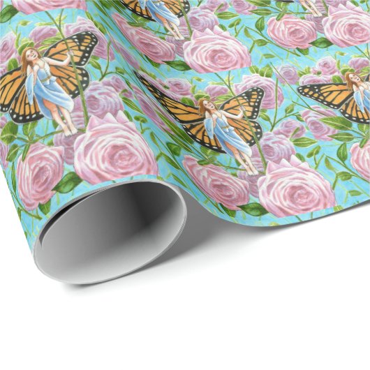 Papier Cadeau Monarch Fairy parmi les Roses (Coin rond)