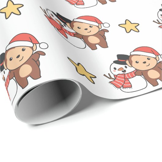Papier Cadeau Monkey With Snowman In Winter For Christmas (Coin rond)