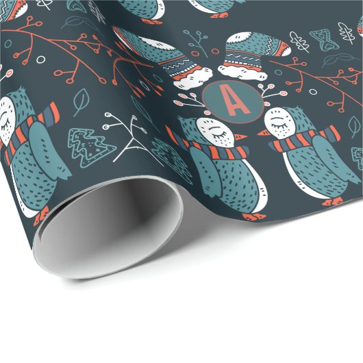 Papier Cadeau Monogramme Art folklorique Noël Chouettes bleues A (Coin rond)